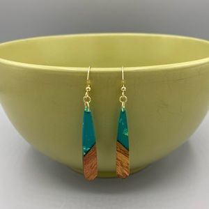 Wood Resin Teardrop Earrings Jewelry Aqua Gold Flecks Dangle Christmas Gifts